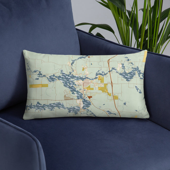 Custom Tomahawk Wisconsin Map Throw Pillow in Woodblock on Blue Colored Chair