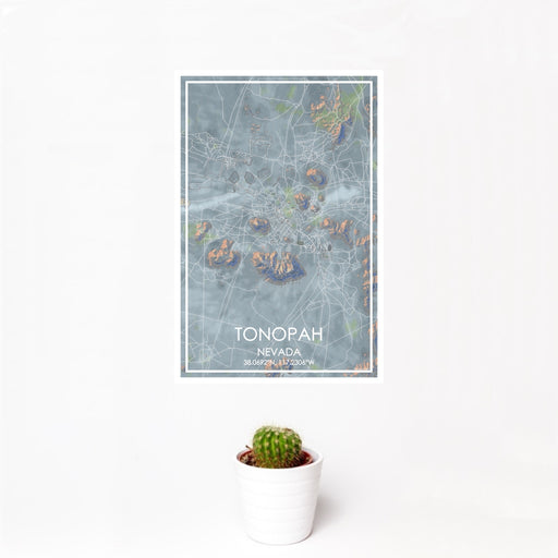 12x18 Tonopah Nevada Map Print Portrait Orientation in Afternoon Style With Small Cactus Plant in White Planter