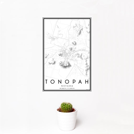 12x18 Tonopah Nevada Map Print Portrait Orientation in Classic Style With Small Cactus Plant in White Planter