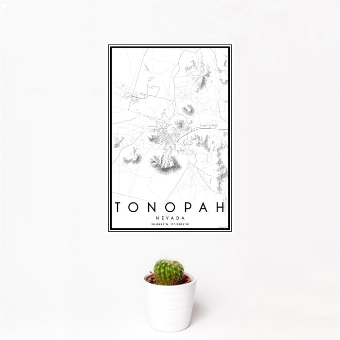 12x18 Tonopah Nevada Map Print Portrait Orientation in Classic Style With Small Cactus Plant in White Planter