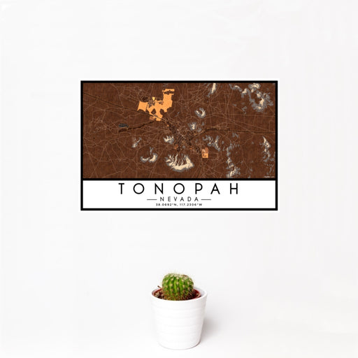 12x18 Tonopah Nevada Map Print Landscape Orientation in Ember Style With Small Cactus Plant in White Planter