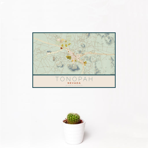 12x18 Tonopah Nevada Map Print Landscape Orientation in Woodblock Style With Small Cactus Plant in White Planter