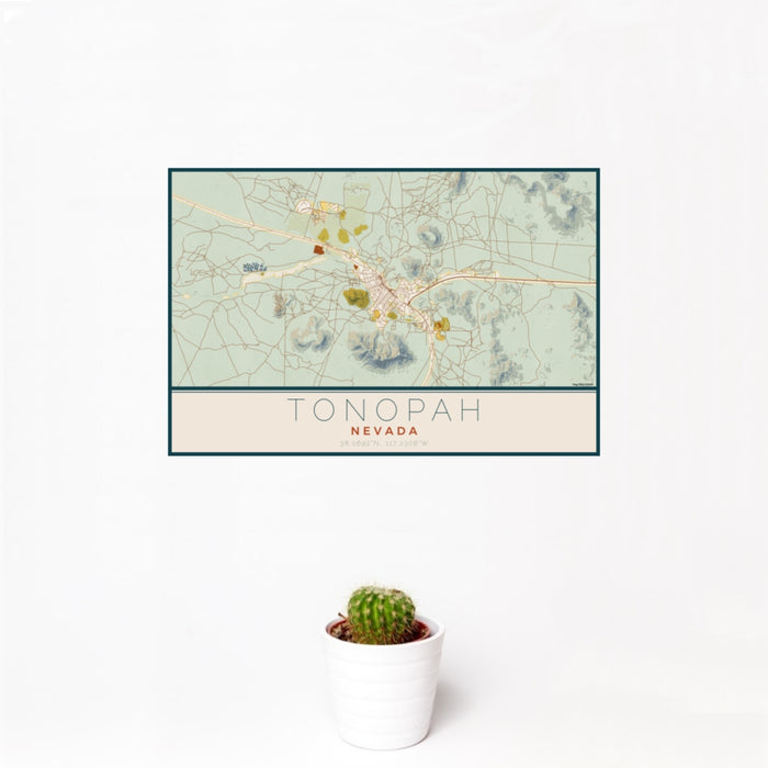 12x18 Tonopah Nevada Map Print Landscape Orientation in Woodblock Style With Small Cactus Plant in White Planter