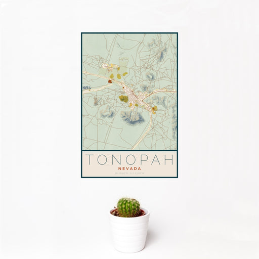 12x18 Tonopah Nevada Map Print Portrait Orientation in Woodblock Style With Small Cactus Plant in White Planter