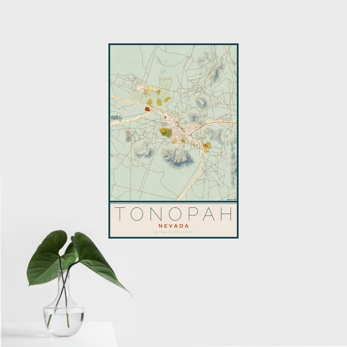 16x24 Tonopah Nevada Map Print Portrait Orientation in Woodblock Style With Tropical Plant Leaves in Water