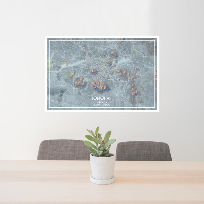 24x36 Tonopah Nevada Map Print Lanscape Orientation in Afternoon Style Behind 2 Chairs Table and Potted Plant