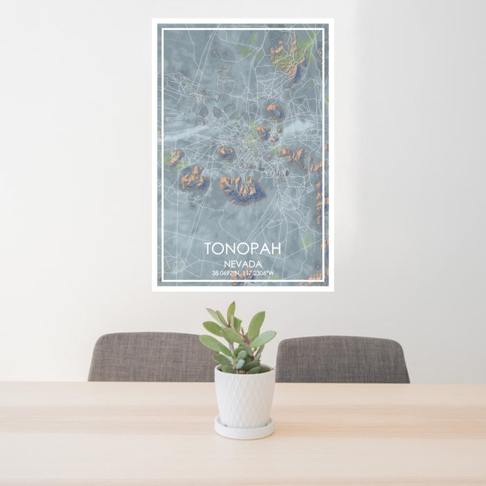 24x36 Tonopah Nevada Map Print Portrait Orientation in Afternoon Style Behind 2 Chairs Table and Potted Plant