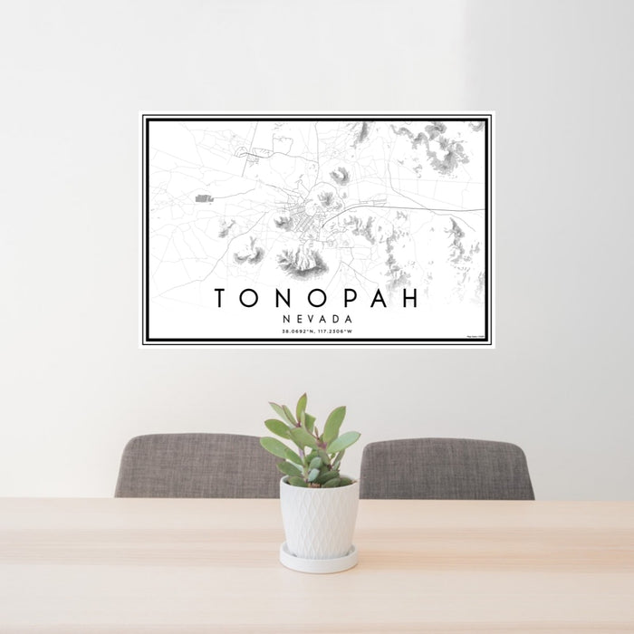 24x36 Tonopah Nevada Map Print Lanscape Orientation in Classic Style Behind 2 Chairs Table and Potted Plant