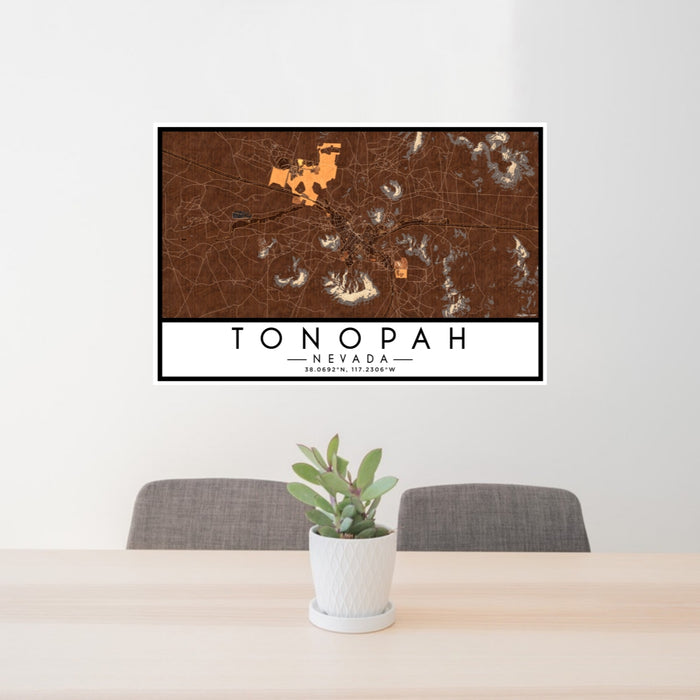 24x36 Tonopah Nevada Map Print Lanscape Orientation in Ember Style Behind 2 Chairs Table and Potted Plant