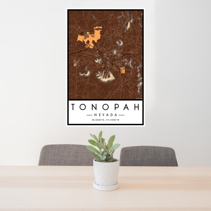 24x36 Tonopah Nevada Map Print Portrait Orientation in Ember Style Behind 2 Chairs Table and Potted Plant