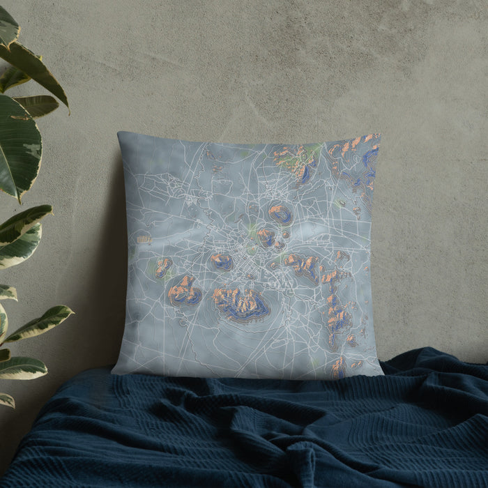 Custom Tonopah Nevada Map Throw Pillow in Afternoon on Bedding Against Wall