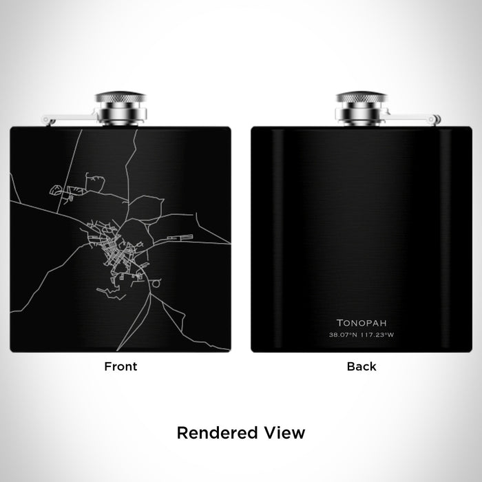 Rendered View of Tonopah Nevada Map Engraving on 6oz Stainless Steel Flask in Black