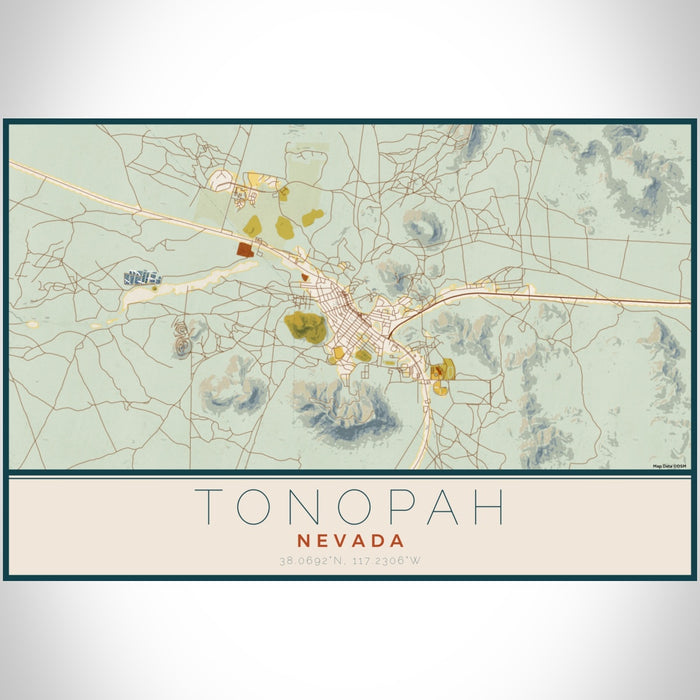 Tonopah Nevada Map Print Landscape Orientation in Woodblock Style With Shaded Background