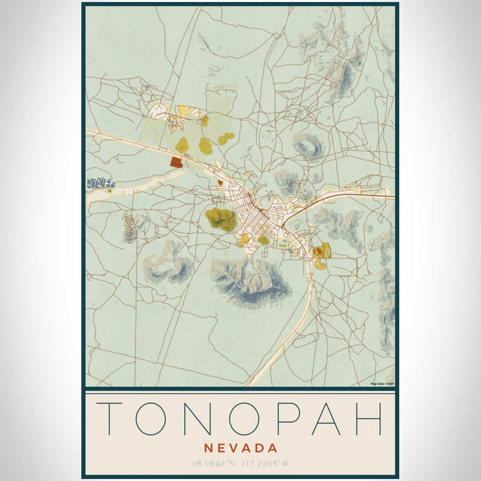 Tonopah Nevada Map Print Portrait Orientation in Woodblock Style With Shaded Background