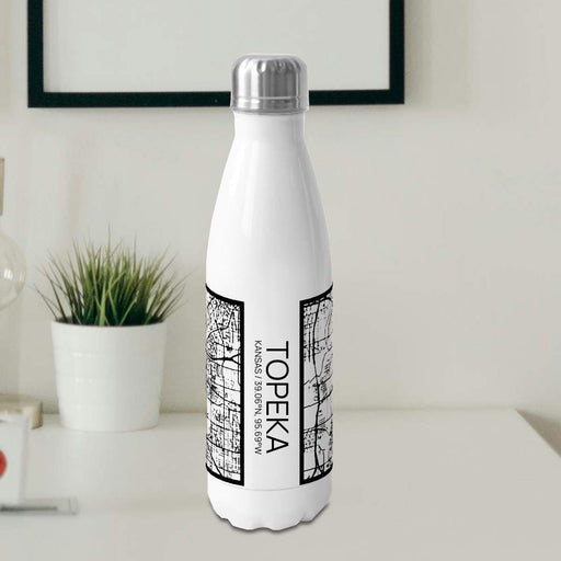 Topeka Kansas Custom City Map Inscription Coordinates on 17oz Stainless Steel Insulated Cola Bottle in Stainless in Matte White