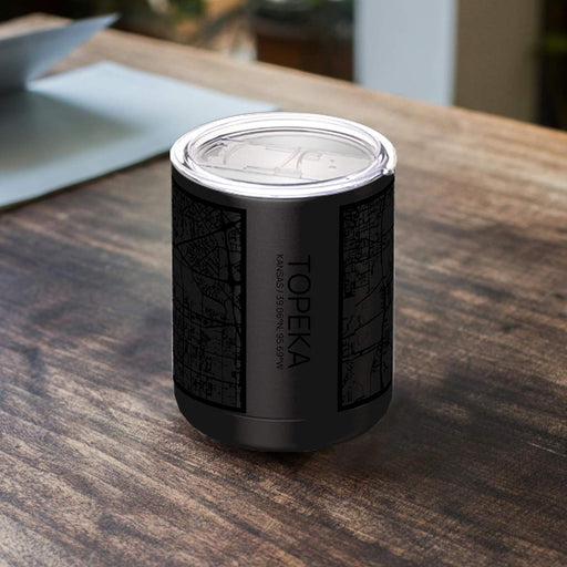 Topeka Kansas Custom City Map Inscription Coordinates on 10oz Stainless Steel Insulated Cup in Matte Black with Sliding Lid