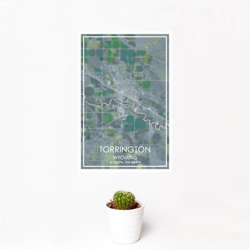 12x18 Torrington Wyoming Map Print Portrait Orientation in Afternoon Style With Small Cactus Plant in White Planter