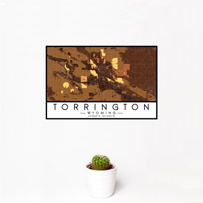 12x18 Torrington Wyoming Map Print Landscape Orientation in Ember Style With Small Cactus Plant in White Planter