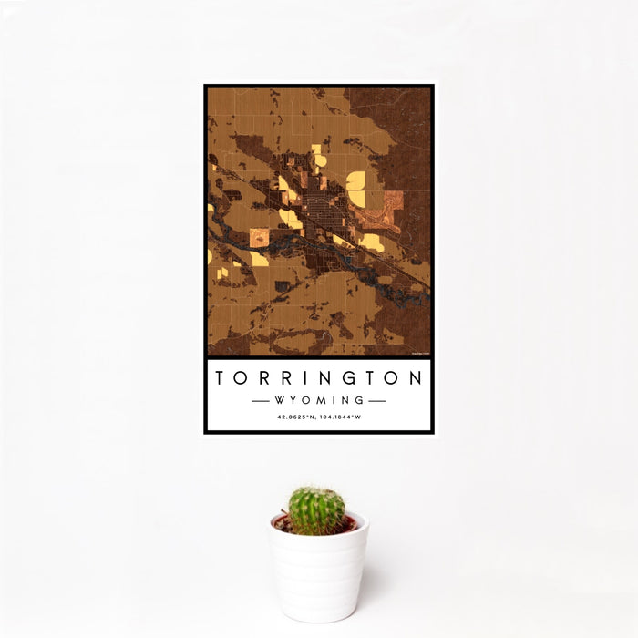 12x18 Torrington Wyoming Map Print Portrait Orientation in Ember Style With Small Cactus Plant in White Planter
