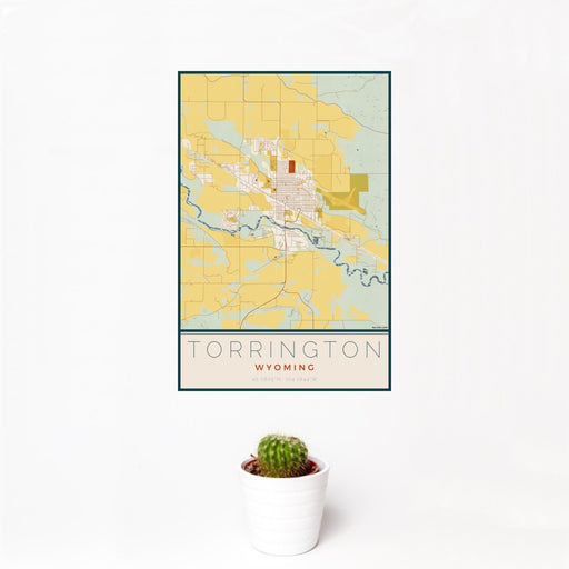 12x18 Torrington Wyoming Map Print Portrait Orientation in Woodblock Style With Small Cactus Plant in White Planter