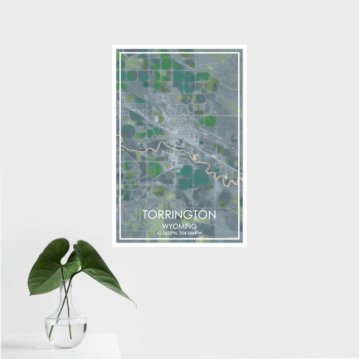 16x24 Torrington Wyoming Map Print Portrait Orientation in Afternoon Style With Tropical Plant Leaves in Water