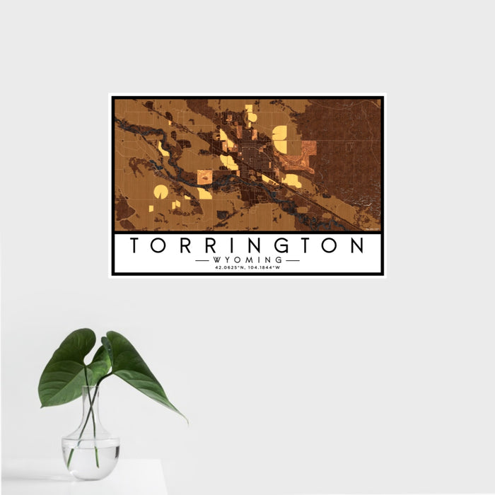 16x24 Torrington Wyoming Map Print Landscape Orientation in Ember Style With Tropical Plant Leaves in Water