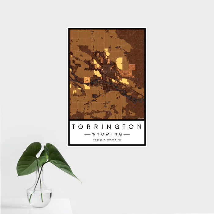 16x24 Torrington Wyoming Map Print Portrait Orientation in Ember Style With Tropical Plant Leaves in Water