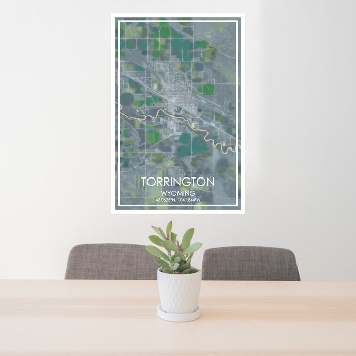 24x36 Torrington Wyoming Map Print Portrait Orientation in Afternoon Style Behind 2 Chairs Table and Potted Plant