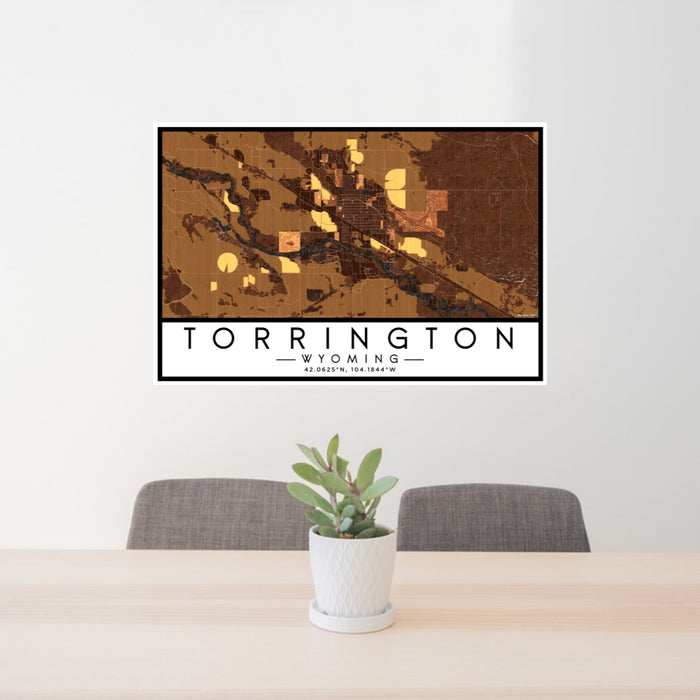 24x36 Torrington Wyoming Map Print Lanscape Orientation in Ember Style Behind 2 Chairs Table and Potted Plant