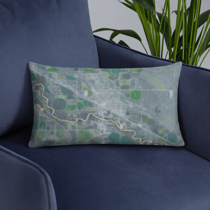 Custom Torrington Wyoming Map Throw Pillow in Afternoon on Blue Colored Chair