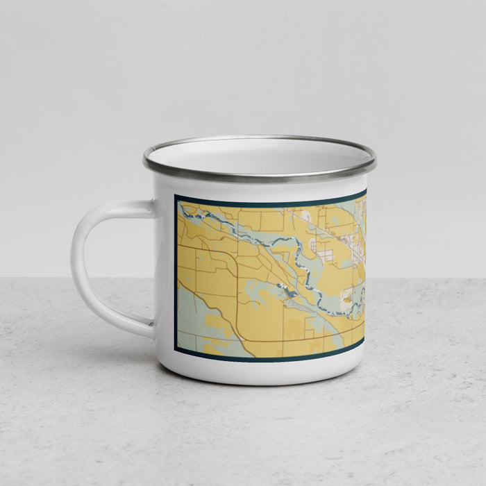 Left View Custom Torrington Wyoming Map Enamel Mug in Woodblock