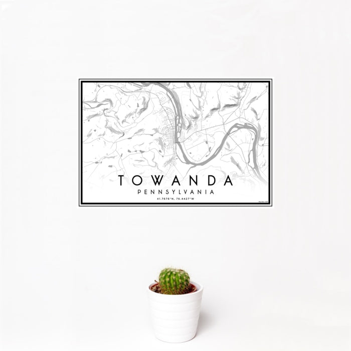 12x18 Towanda Pennsylvania Map Print Landscape Orientation in Classic Style With Small Cactus Plant in White Planter