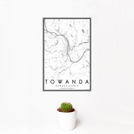 12x18 Towanda Pennsylvania Map Print Portrait Orientation in Classic Style With Small Cactus Plant in White Planter