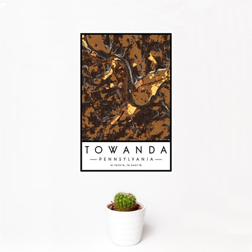 12x18 Towanda Pennsylvania Map Print Portrait Orientation in Ember Style With Small Cactus Plant in White Planter