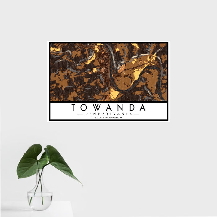 16x24 Towanda Pennsylvania Map Print Landscape Orientation in Ember Style With Tropical Plant Leaves in Water