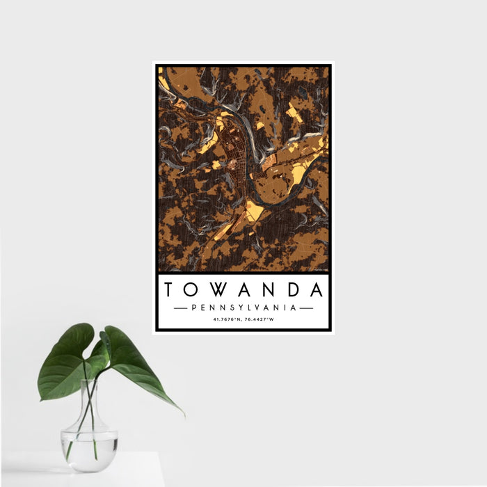 16x24 Towanda Pennsylvania Map Print Portrait Orientation in Ember Style With Tropical Plant Leaves in Water