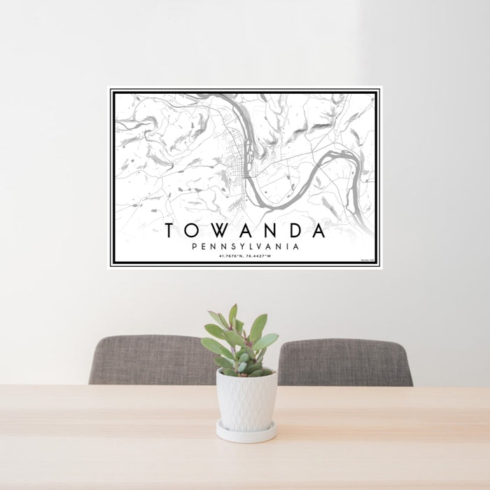 24x36 Towanda Pennsylvania Map Print Lanscape Orientation in Classic Style Behind 2 Chairs Table and Potted Plant