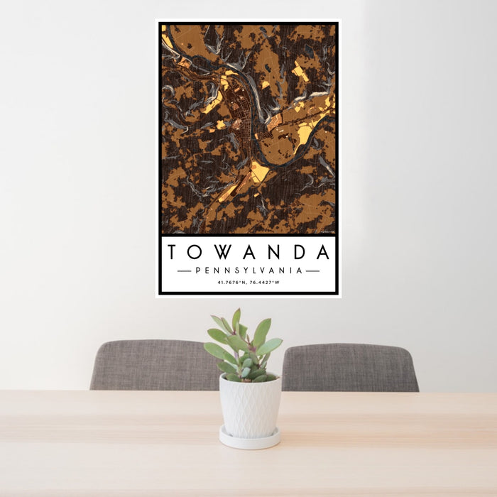 24x36 Towanda Pennsylvania Map Print Portrait Orientation in Ember Style Behind 2 Chairs Table and Potted Plant