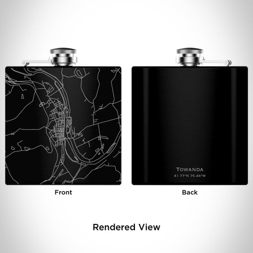 Rendered View of Towanda Pennsylvania Map Engraving on 6oz Stainless Steel Flask in Black