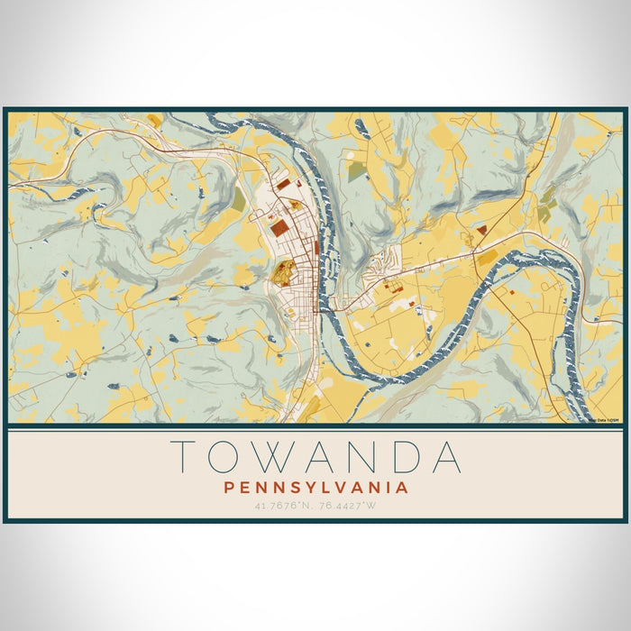 Towanda Pennsylvania Map Print Landscape Orientation in Woodblock Style With Shaded Background