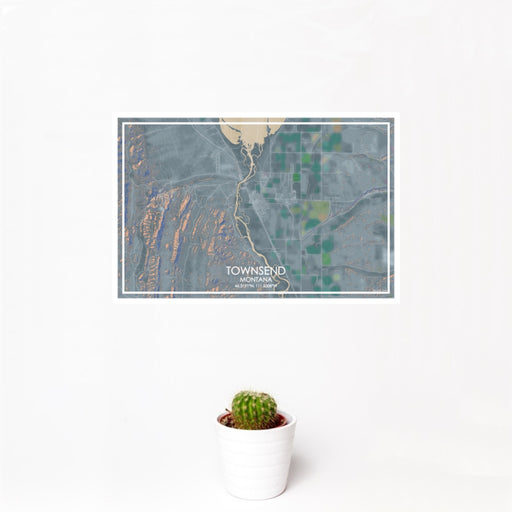 12x18 Townsend Montana Map Print Landscape Orientation in Afternoon Style With Small Cactus Plant in White Planter