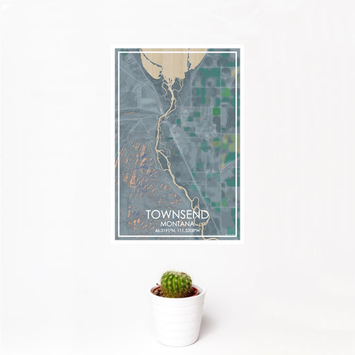 12x18 Townsend Montana Map Print Portrait Orientation in Afternoon Style With Small Cactus Plant in White Planter