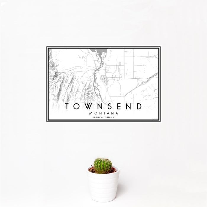 12x18 Townsend Montana Map Print Landscape Orientation in Classic Style With Small Cactus Plant in White Planter