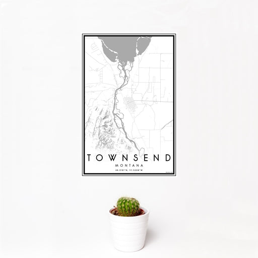 12x18 Townsend Montana Map Print Portrait Orientation in Classic Style With Small Cactus Plant in White Planter