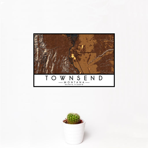12x18 Townsend Montana Map Print Landscape Orientation in Ember Style With Small Cactus Plant in White Planter