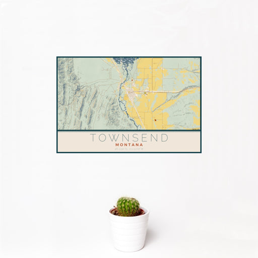 12x18 Townsend Montana Map Print Landscape Orientation in Woodblock Style With Small Cactus Plant in White Planter