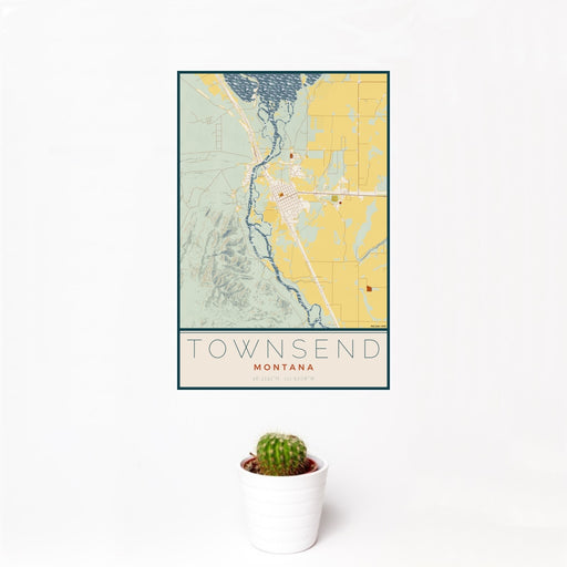 12x18 Townsend Montana Map Print Portrait Orientation in Woodblock Style With Small Cactus Plant in White Planter