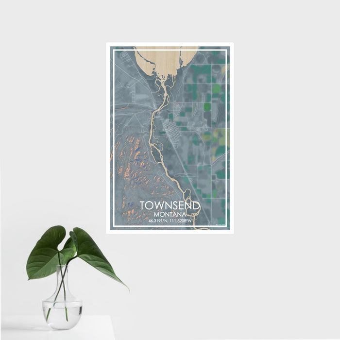 16x24 Townsend Montana Map Print Portrait Orientation in Afternoon Style With Tropical Plant Leaves in Water