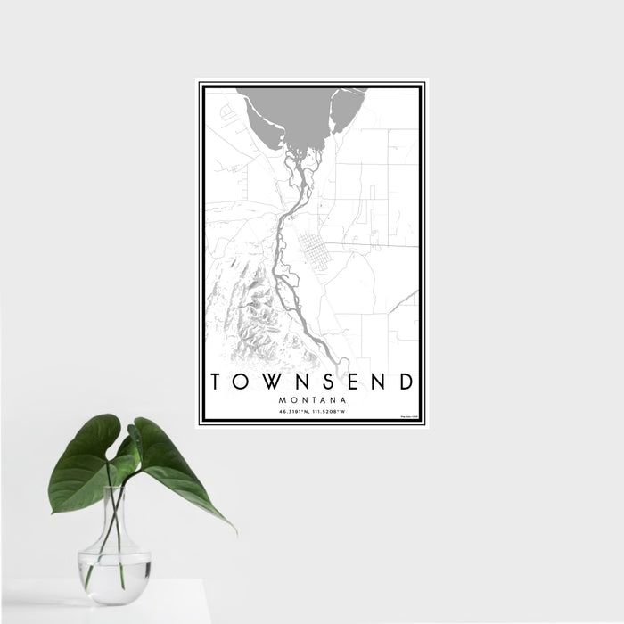 16x24 Townsend Montana Map Print Portrait Orientation in Classic Style With Tropical Plant Leaves in Water