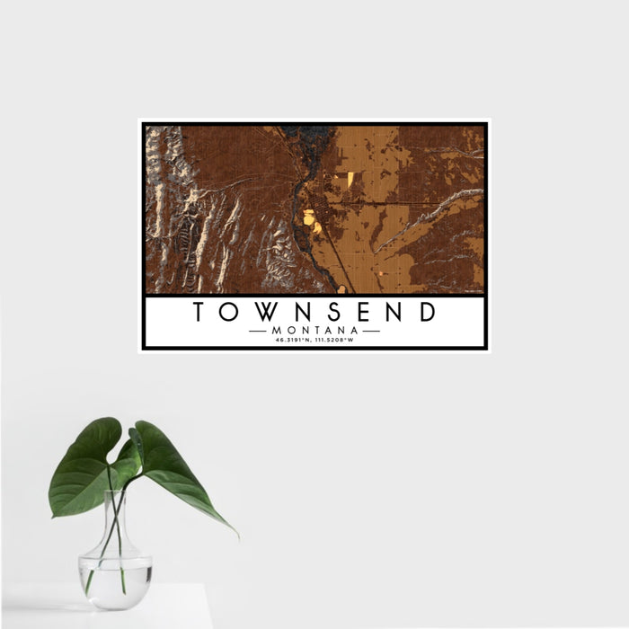 16x24 Townsend Montana Map Print Landscape Orientation in Ember Style With Tropical Plant Leaves in Water